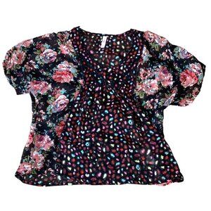 Xhilaration Sheer Relaxed Fit BOHO Top Colorful Mixed Floral on Black S #284M